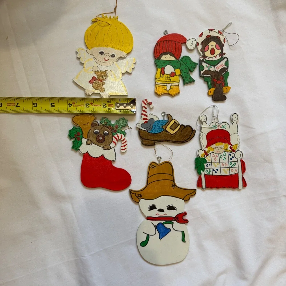 Vintage Hand Painted Wooden Christmas Ornaments Set of 7 Folk Art Holiday Decor